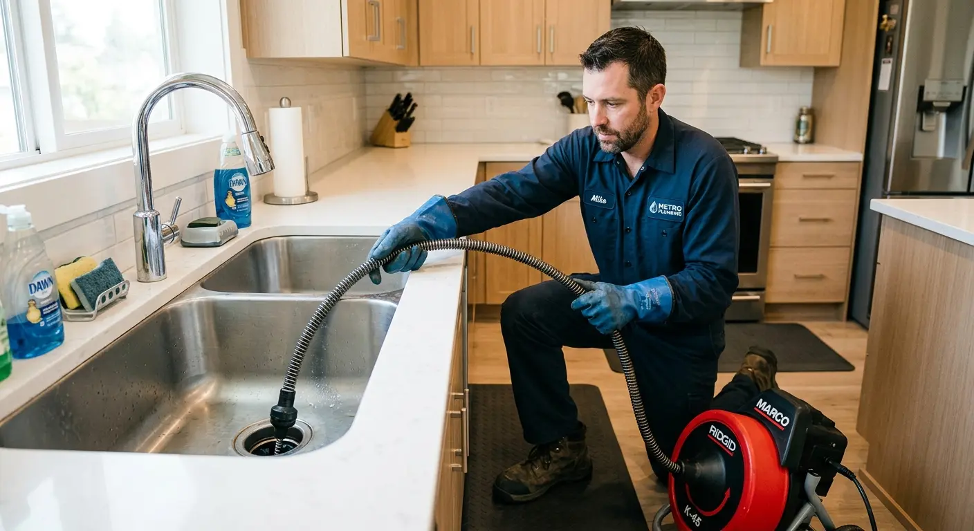 Drain cleaning technician using a motorized snake on a kitchen sink in Scott