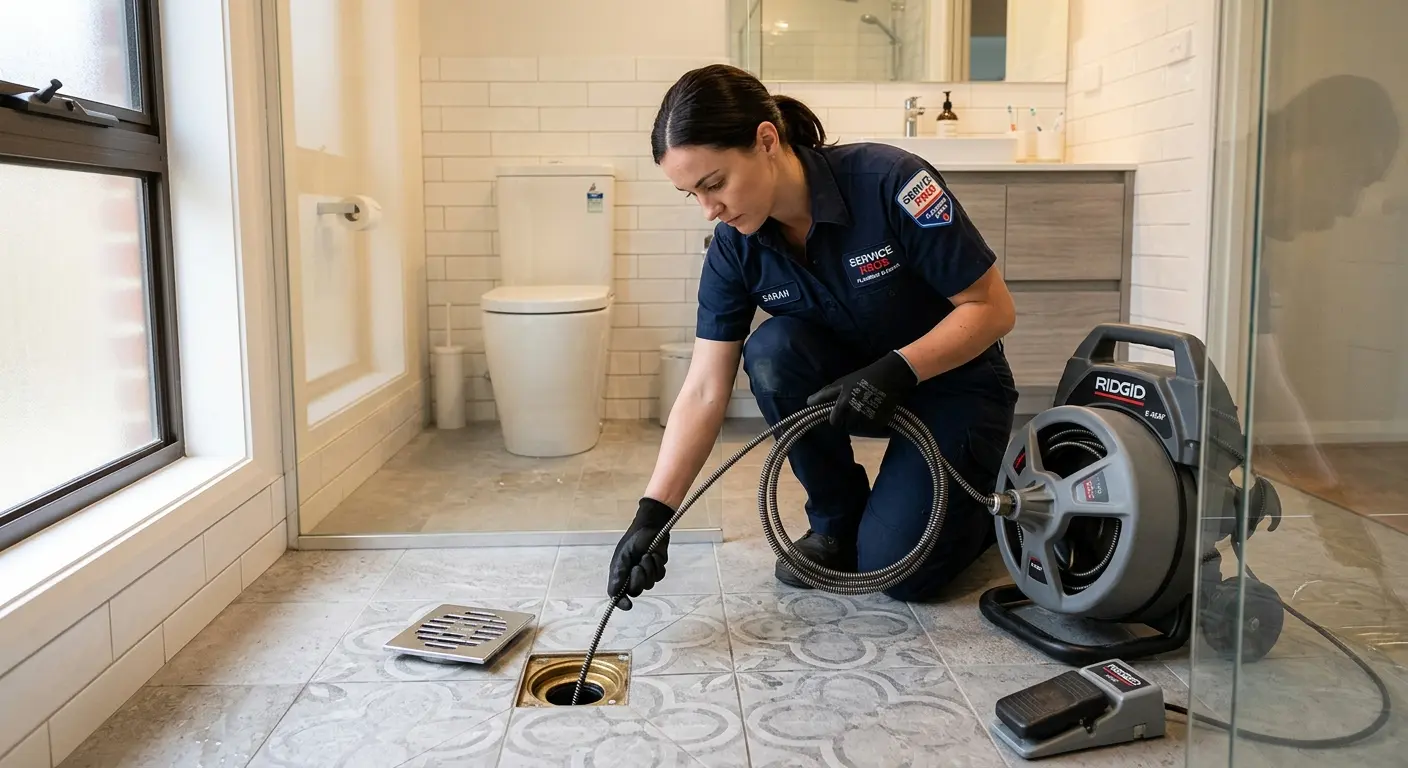 Technician clearing a bathroom floor drain for Sewer Line Installation in Scott